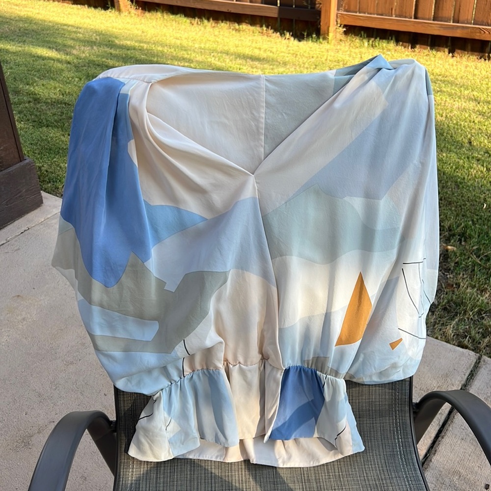 Emilio Pucci Silk Draped Peplum Statement Blouse in Blue Cream and Gray Size S